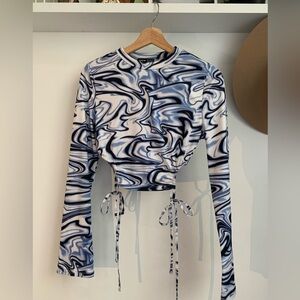 White Blue Black Swirl Long Sleeve Crop Top